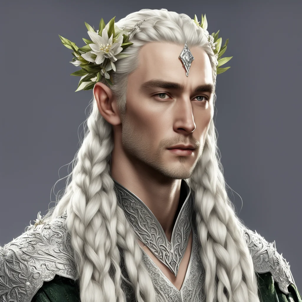 king thranduil with blond hair and braids wearing strings of silver with flowers of diamonds in the hair confident engaging wow artstation art 3