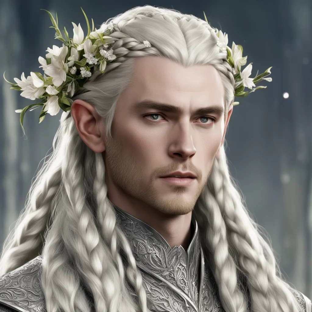 king thranduil with blond hair and braids wearing strings of silver with flowers of diamonds in the hair good looking trending fantastic 1