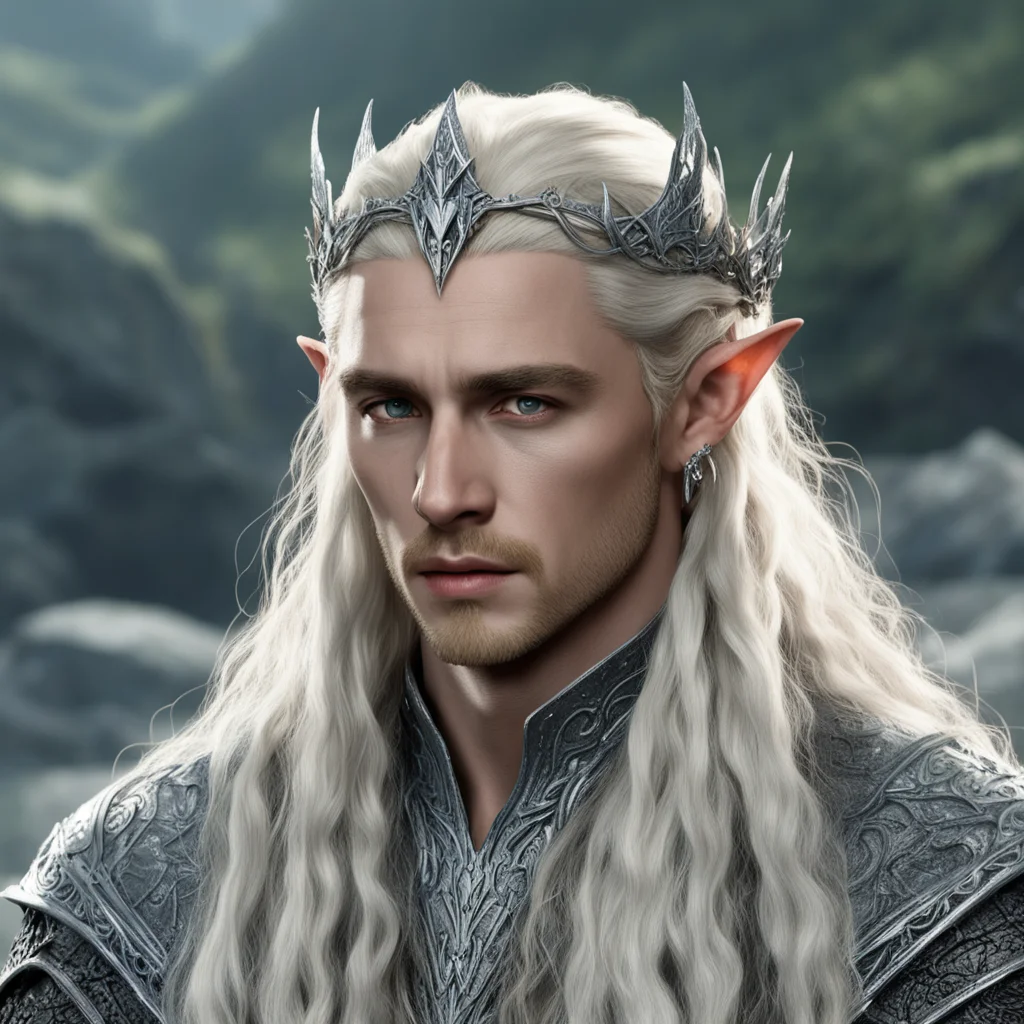 king thranduil with blond hair and braids wearing twisted silver elvish coronet studded with diamonds and large center diamond  amazing awesome portrait 2