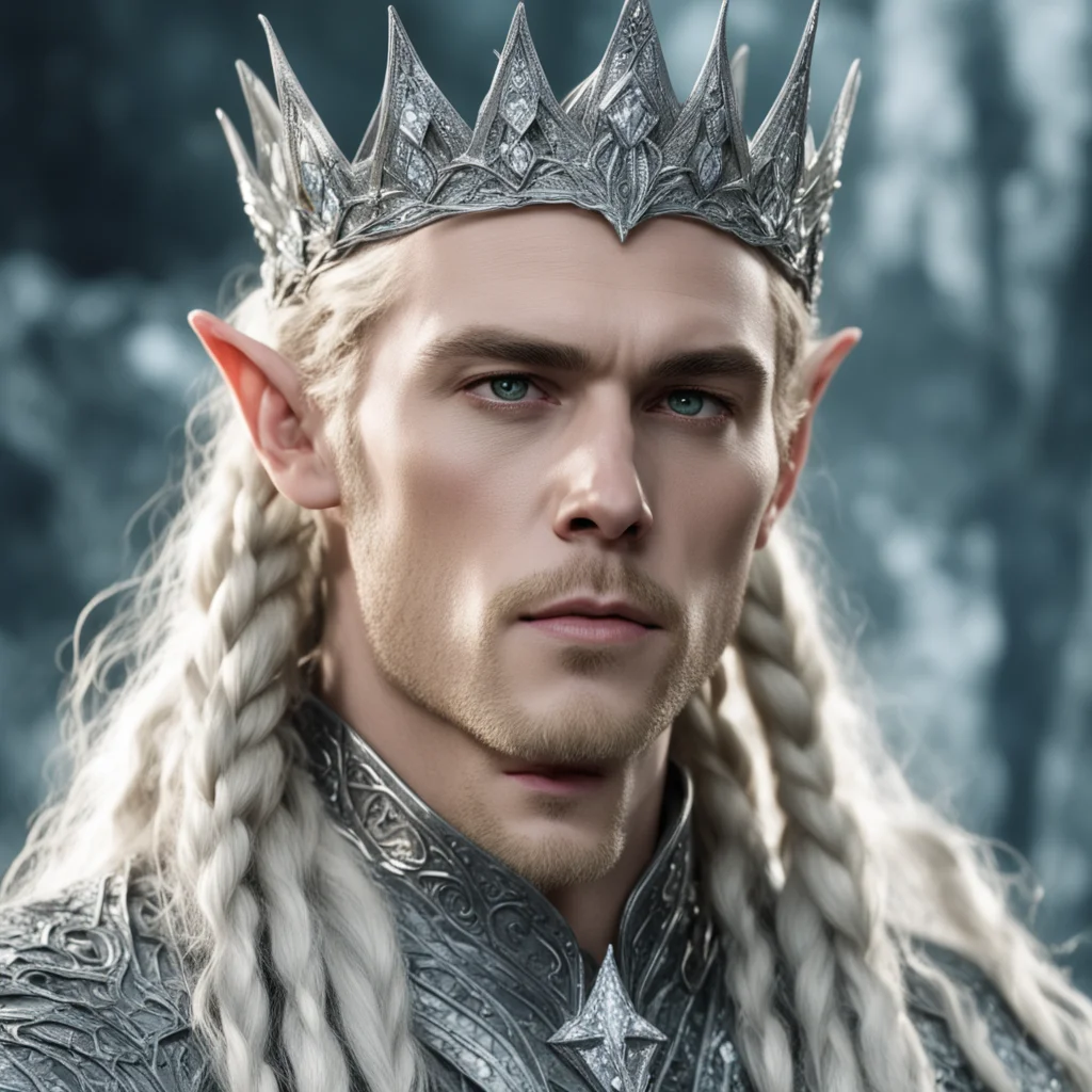 king thranduil with blond hair and braids wearing twisted silver serpentine elvish crown encrusted with diamonds and large center diamond amazing awesome portrait 2
