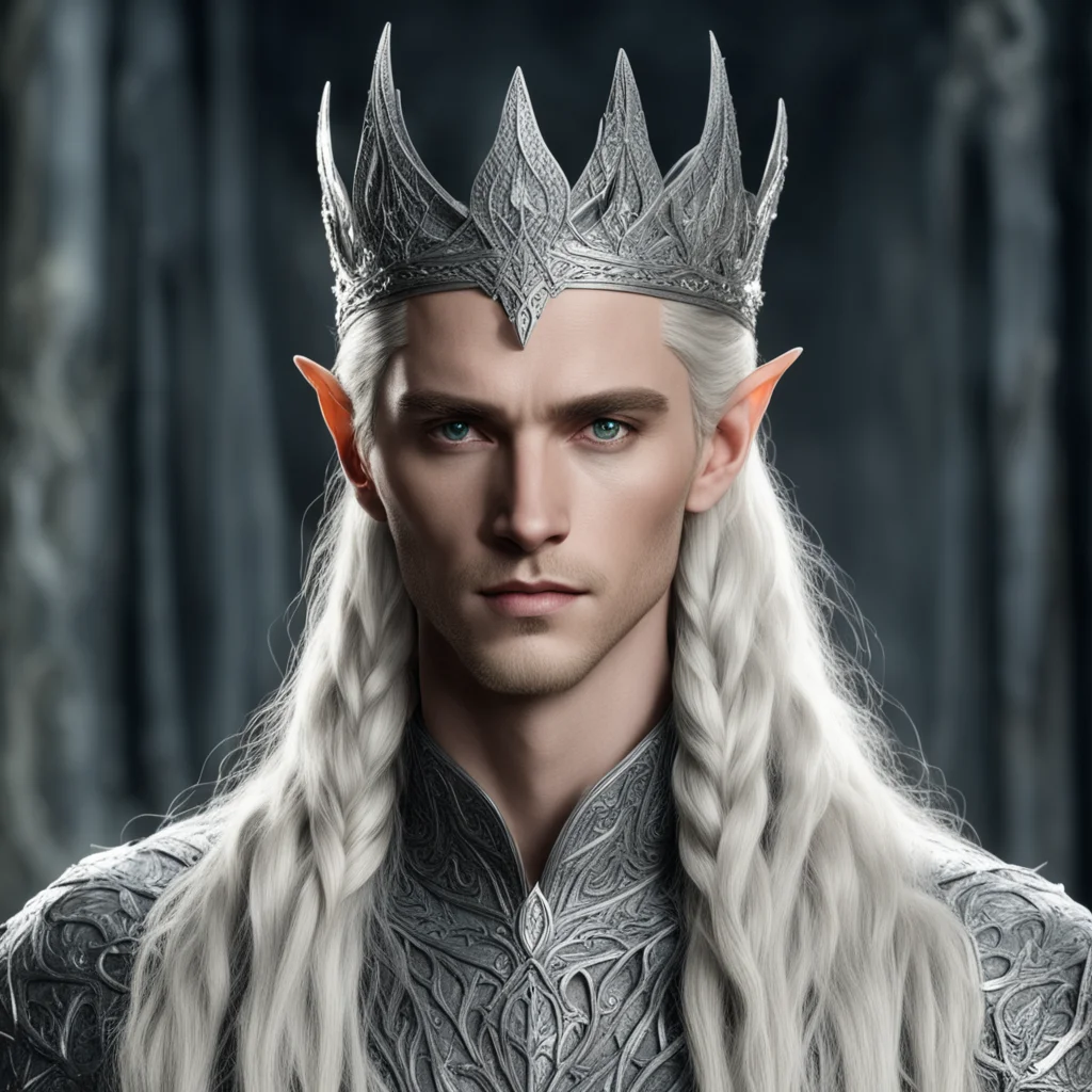 aiking thranduil with blond hair and braids wearing twisted silver serpentine elvish crown encrusted with diamonds and large center diamond confident engaging wow artstation art 3