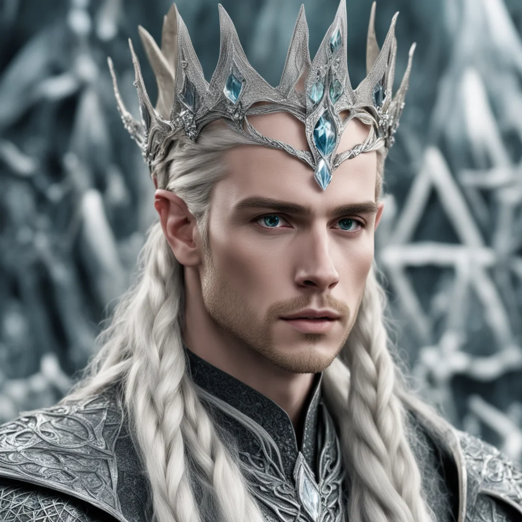 king thranduil with blond hair and braids wearing twisted silver serpentine elvish crown encrusted with diamonds and large center diamond good looking trending fantastic 1