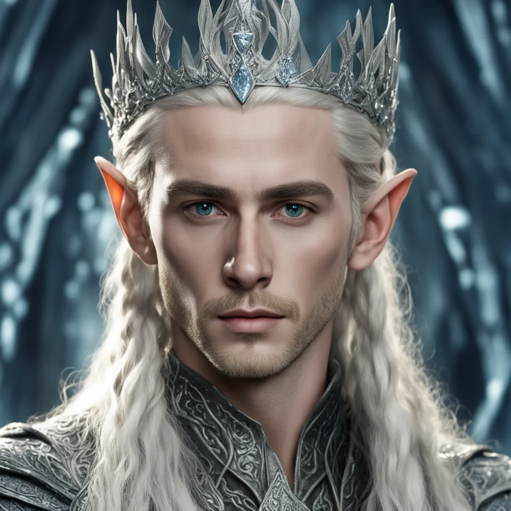 king thranduil with blond hair and braids wearing twisted silver serpentine elvish crown encrusted with diamonds and large center diamond