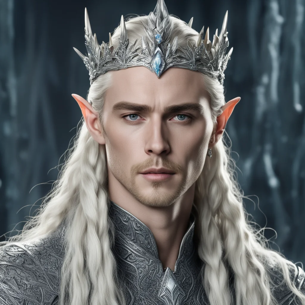 king thranduil with blond hair and braids wearing twisted silver serpentine elvish crown encrusted with diamonds with large center diamond amazing awesome portrait 2