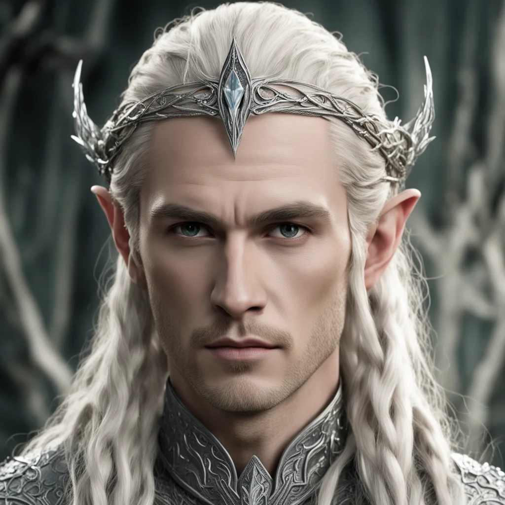 king thranduil with blond hair and braids wearing twisted wooden elvish circlet encased in silver and encrusted with diamonds with large center diamond amazing awesome portrait 2