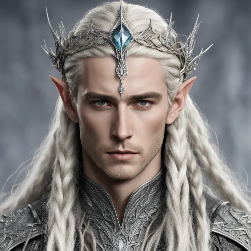 king thranduil with blond hair and braids wearing twisted wooden elvish circlet encased in silver and encrusted with diamonds with large center diamond good looking trending fantastic 1