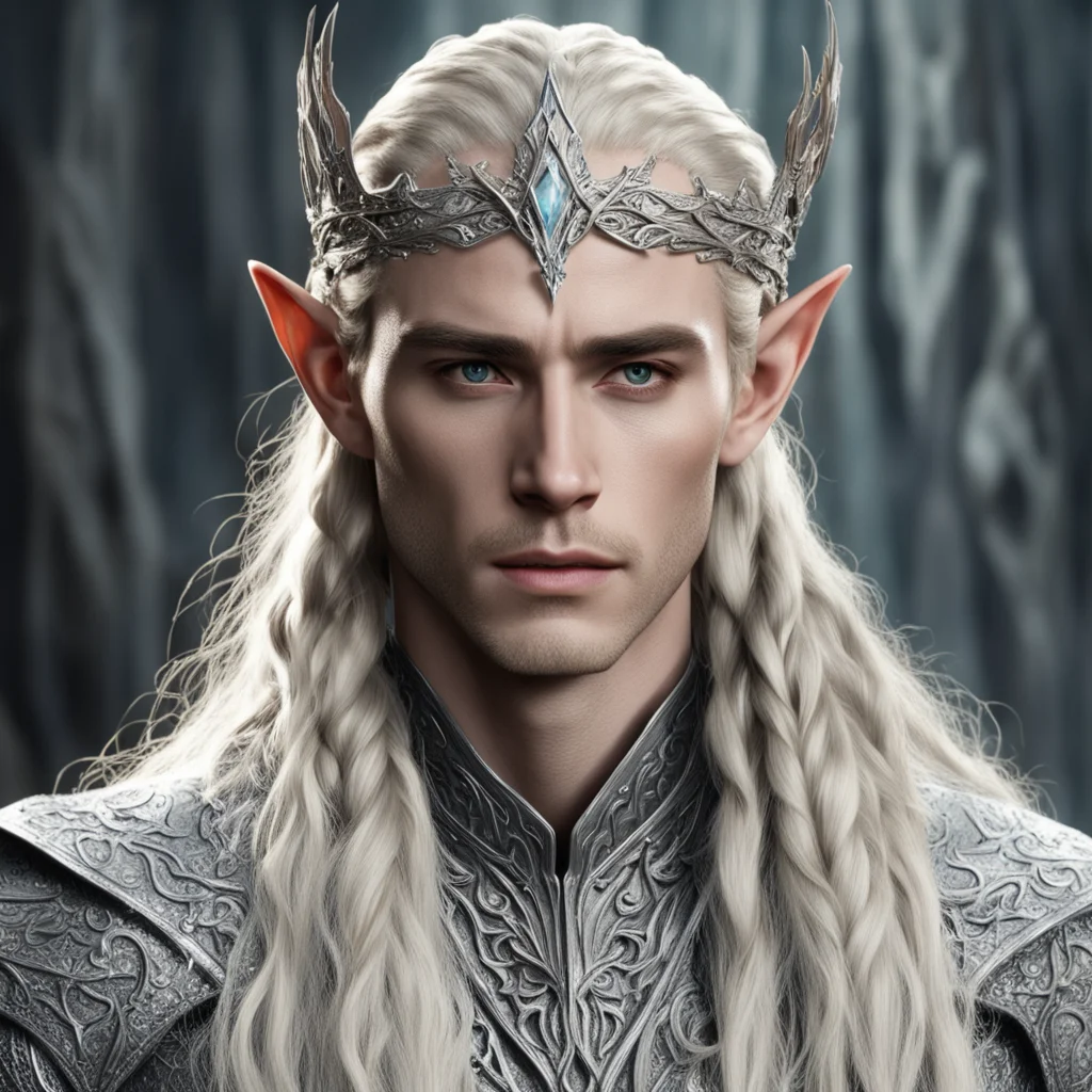 king thranduil with blond hair and braids wearing twisted wooden elvish circlet encased in silver and encrusted with diamonds with large center diamond