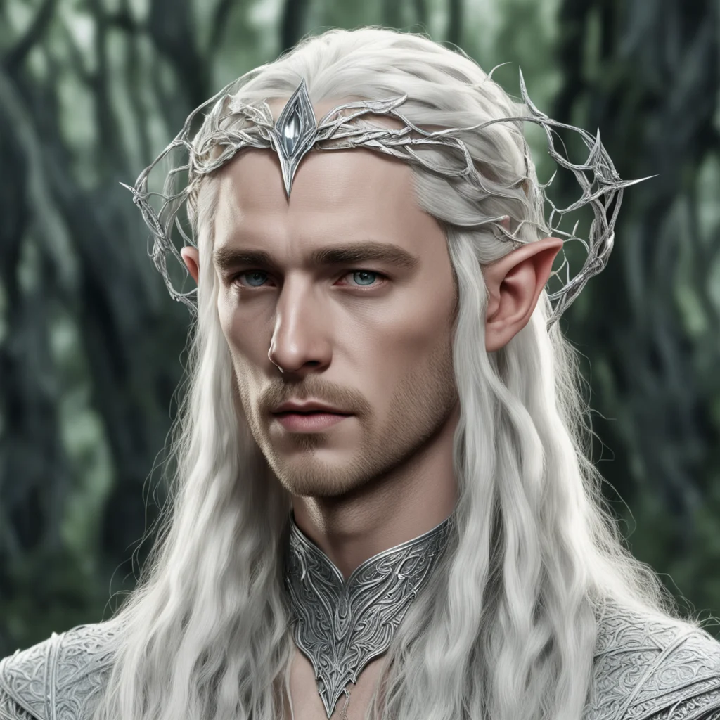 king thranduil with blond hair and braids wearing two silver vines intertwined to form a silver elvish circlet with large center diamond good looking trending fantastic 1
