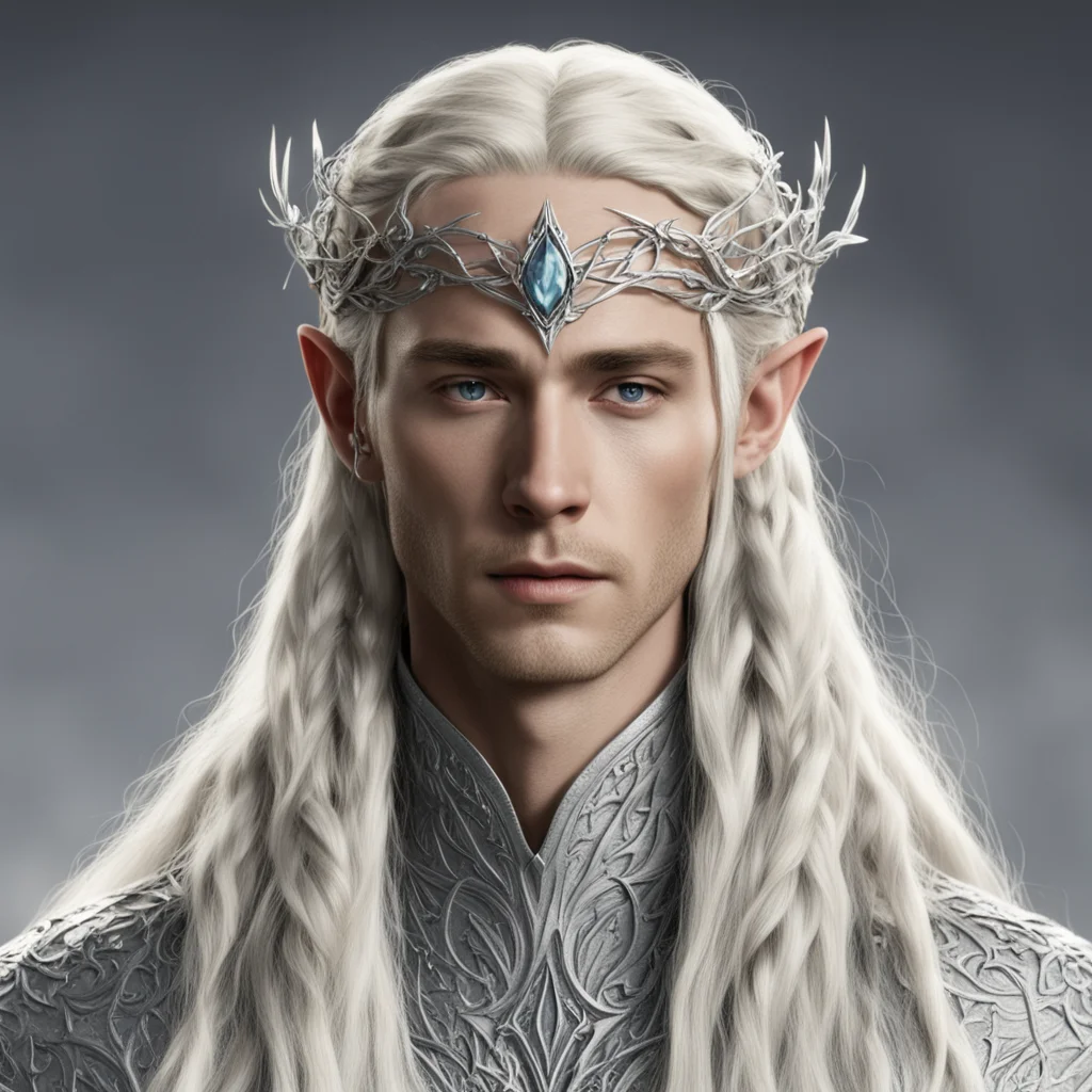 king thranduil with blond hair and braids wearing two silver vines intertwined to form a small thin silver elvish circlet with large center diamond confident engaging wow artstation art 3