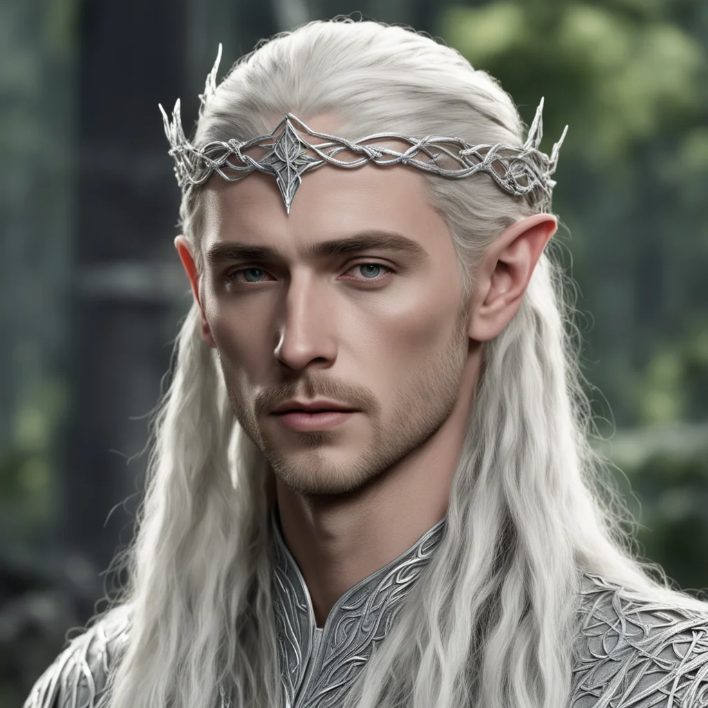 king thranduil with blond hair and braids wearing two silver vines intertwined to form a small thin silver elvish circlet with large center diamond