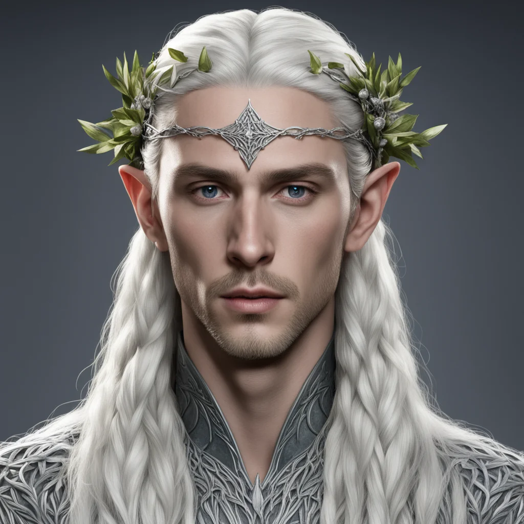 king thranduil with blond hair and braids wearing vines of silver and berries of diamond to form silver elvish circlet with large center diamond amazing awesome portrait 2