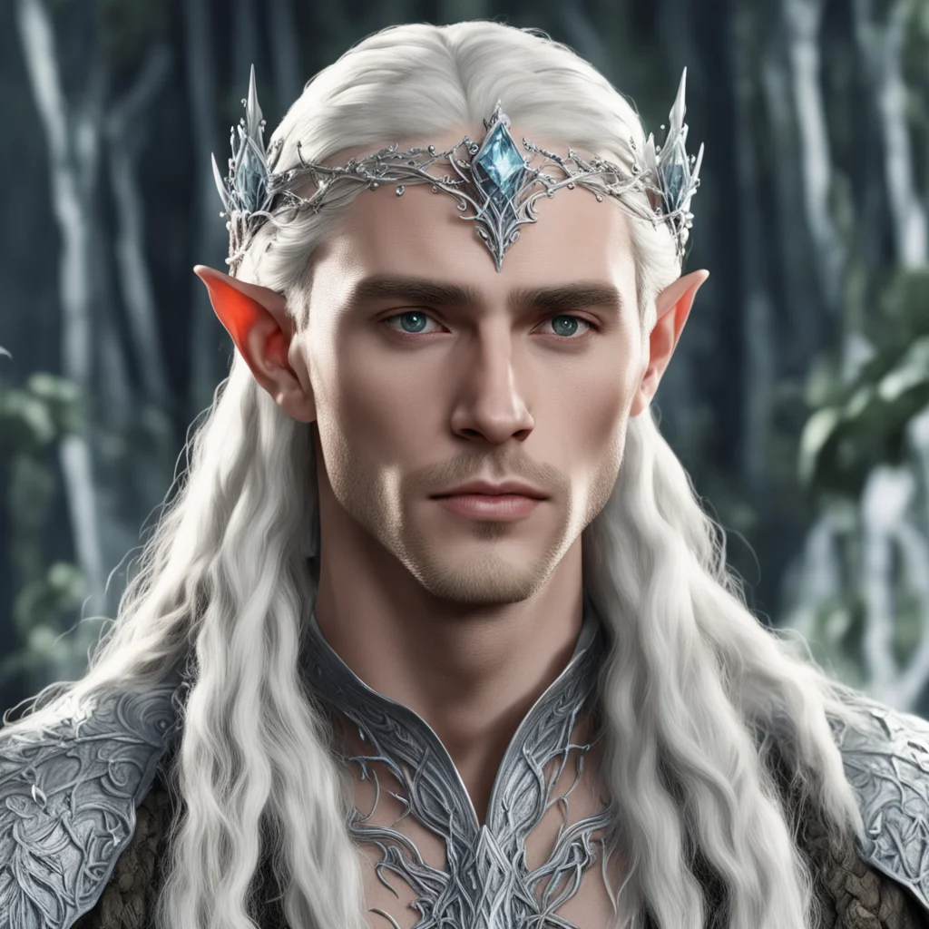 king thranduil with blond hair and braids wearing vines of silver and berries of diamond to form silver elvish circlet with large center diamond confident engaging wow artstation art 3