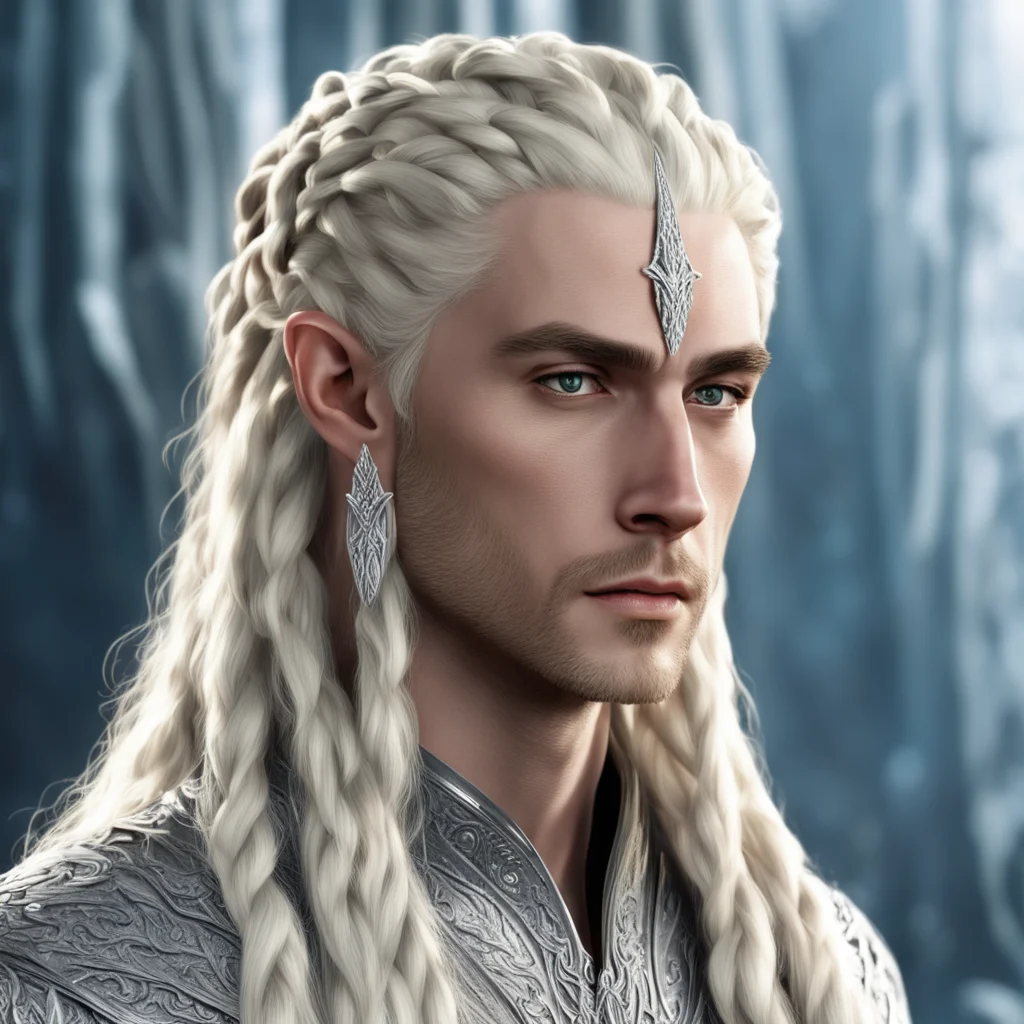 king thranduil with blond hair and braids wearing wearing large diamond clusters on silver with large center diamond in the hair good looking trending fantastic 1