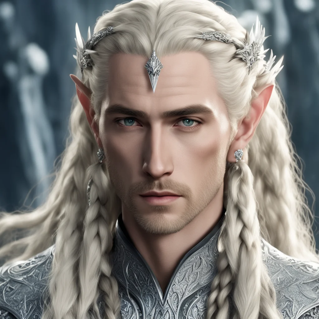 king thranduil with blond hair and braids wearing wearing large diamond clusters on silver with large center diamond in the hair