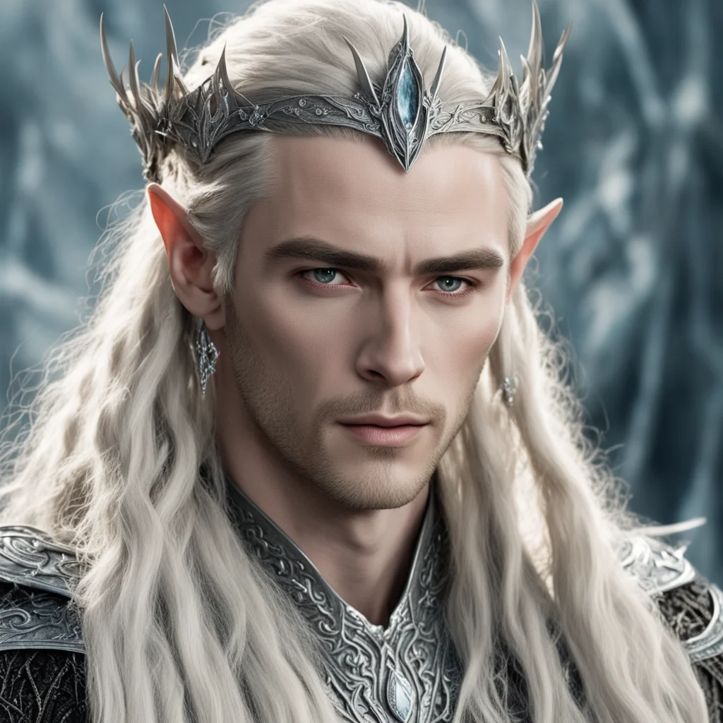 aiking thranduil with blond hair and braids with silver diamond studded elvish hair pins and silver elvish circlet with large center diamond amazing awesome portrait 2