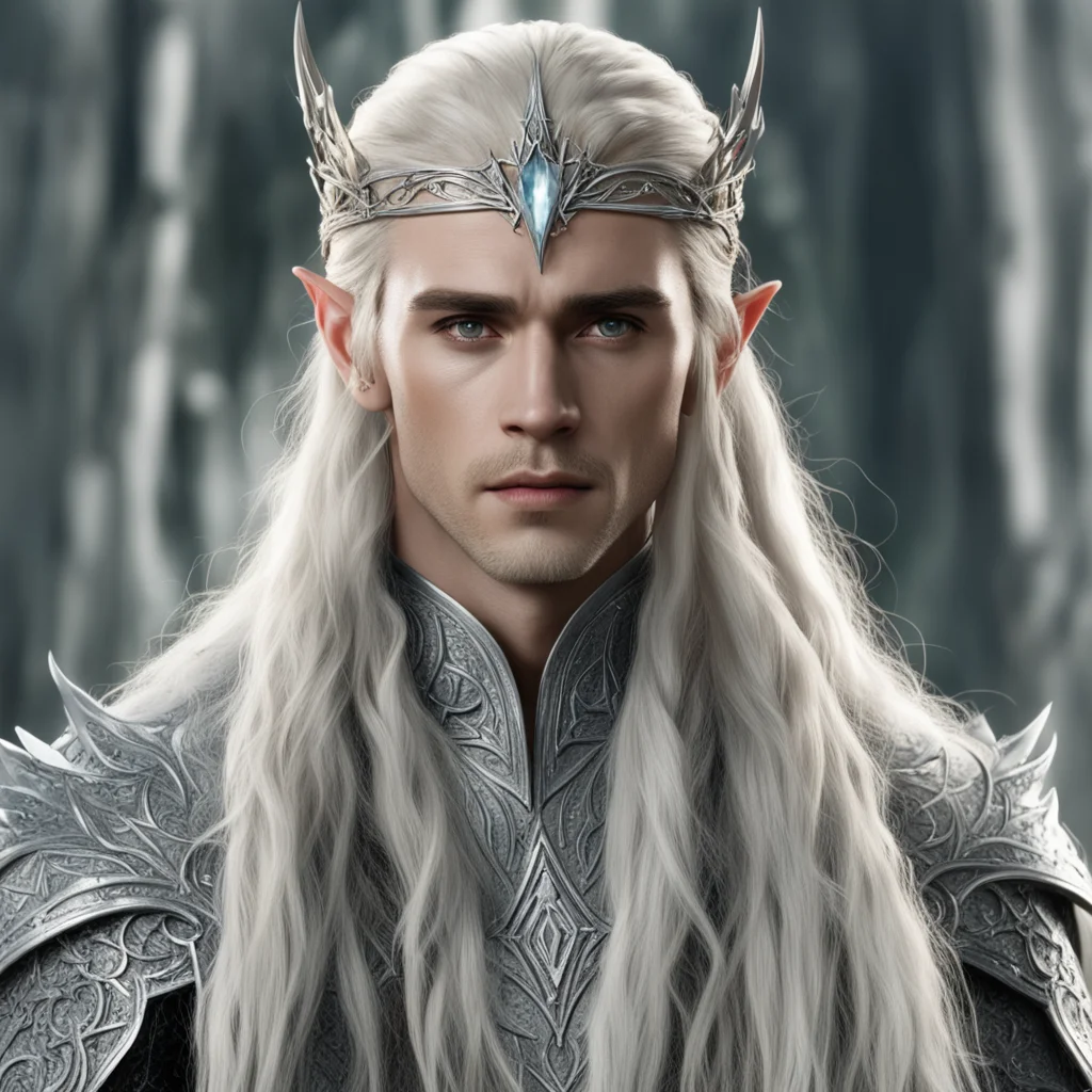 aiking thranduil with blond hair and braids with silver diamond studded elvish hair pins and silver elvish circlet with large center diamond confident engaging wow artstation art 3