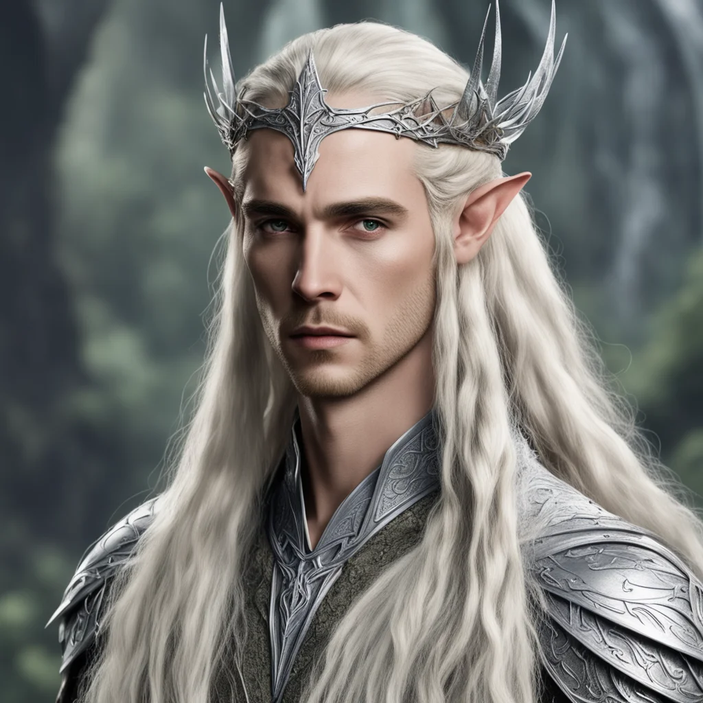 king thranduil with blond hair and braids with silver diamond studded elvish hair pins and silver elvish circlet with large center diamond good looking trending fantastic 1