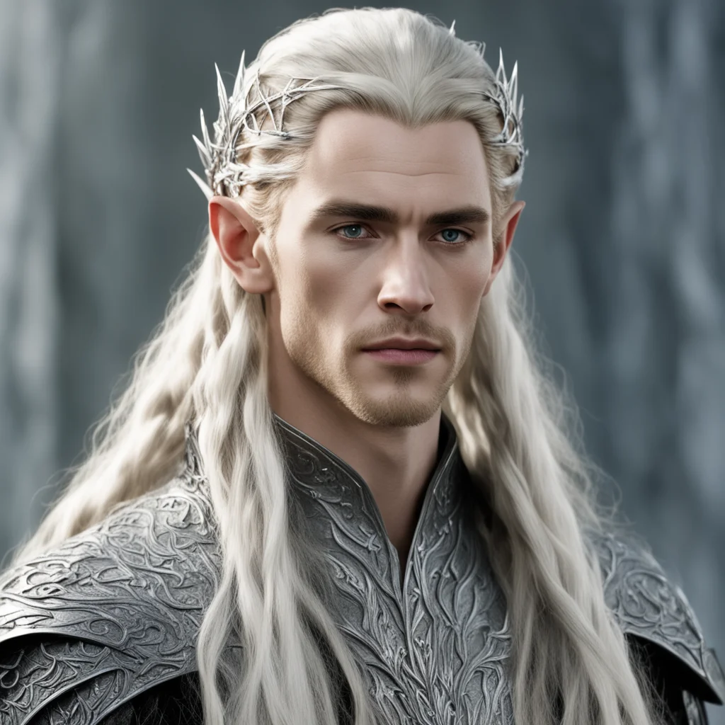 king thranduil with blond hair and braids with silver diamond studded elvish hair pins and silver elvish circlet with large center diamond