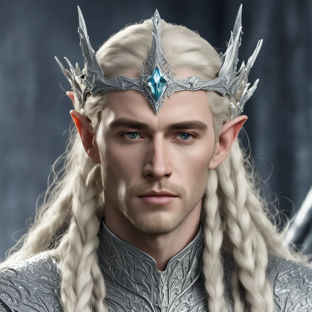 king thranduil with blond hair and braids with silver elvish coronet encrusted with diamonds with large center diamond good looking trending fantastic 1