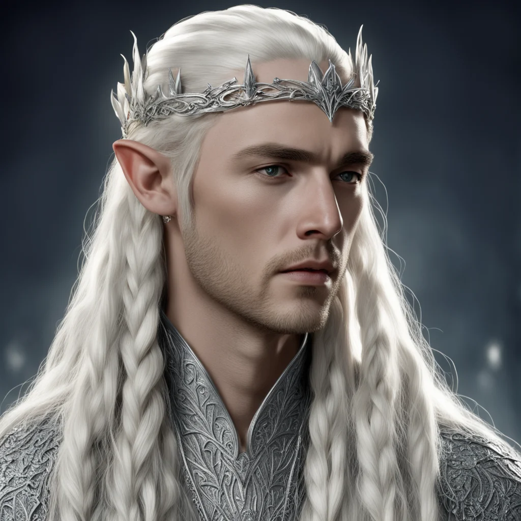 king thranduil with blond hair and braids with silver strings of diamonds with small silver elvish circlet encrusted with diamonds with large center diamond amazing awesome portrait 2