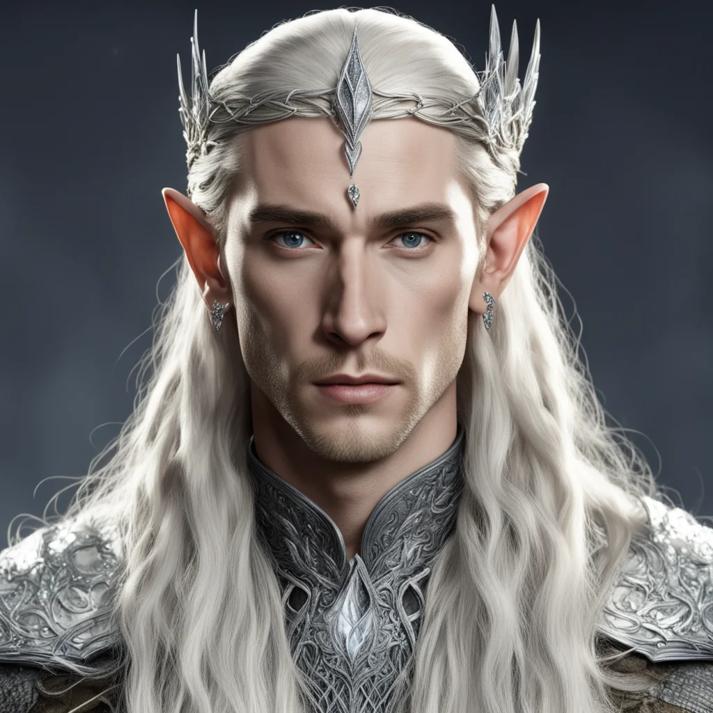 king thranduil with blond hair and braids with silver strings of diamonds with small silver elvish circlet encrusted with diamonds with large center diamond good looking trending fantastic 1