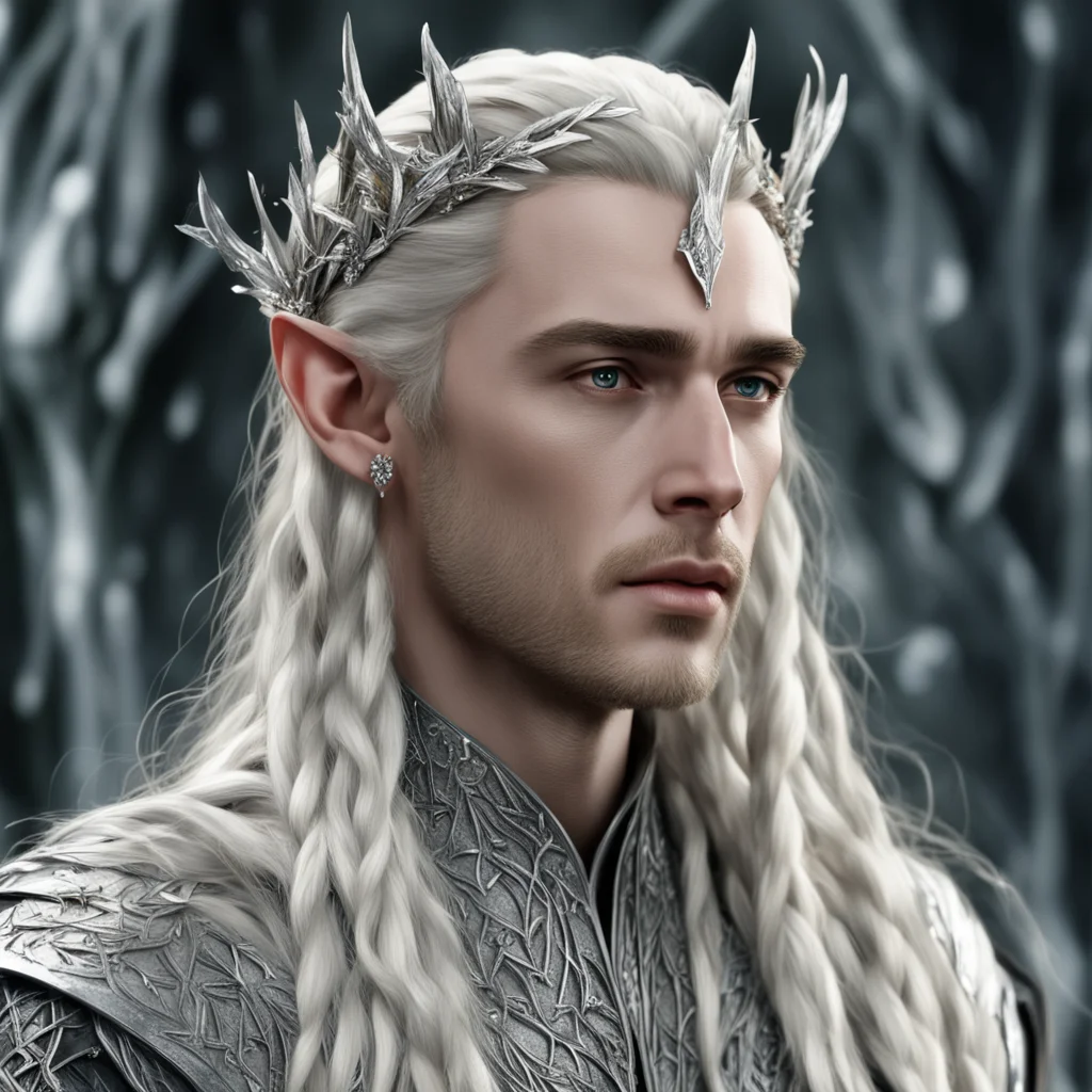 aiking thranduil with blond hair and braids with silver twig with silver leaves studded with diamonds in hair amazing awesome portrait 2