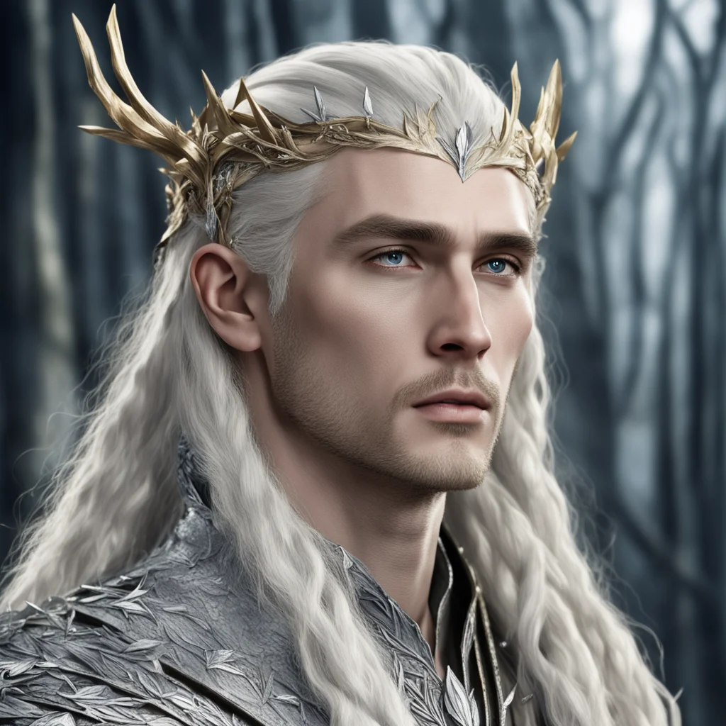 king thranduil with blond hair and braids with silver twig with silver leaves studded with diamonds in hair confident engaging wow artstation art 3
