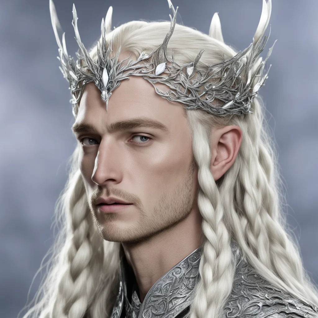 king thranduil with blond hair and braids with silver twigs encrusted with diamonds to form a silver sindarin elvish circlet with large center diamond  amazing awesome portrait 2