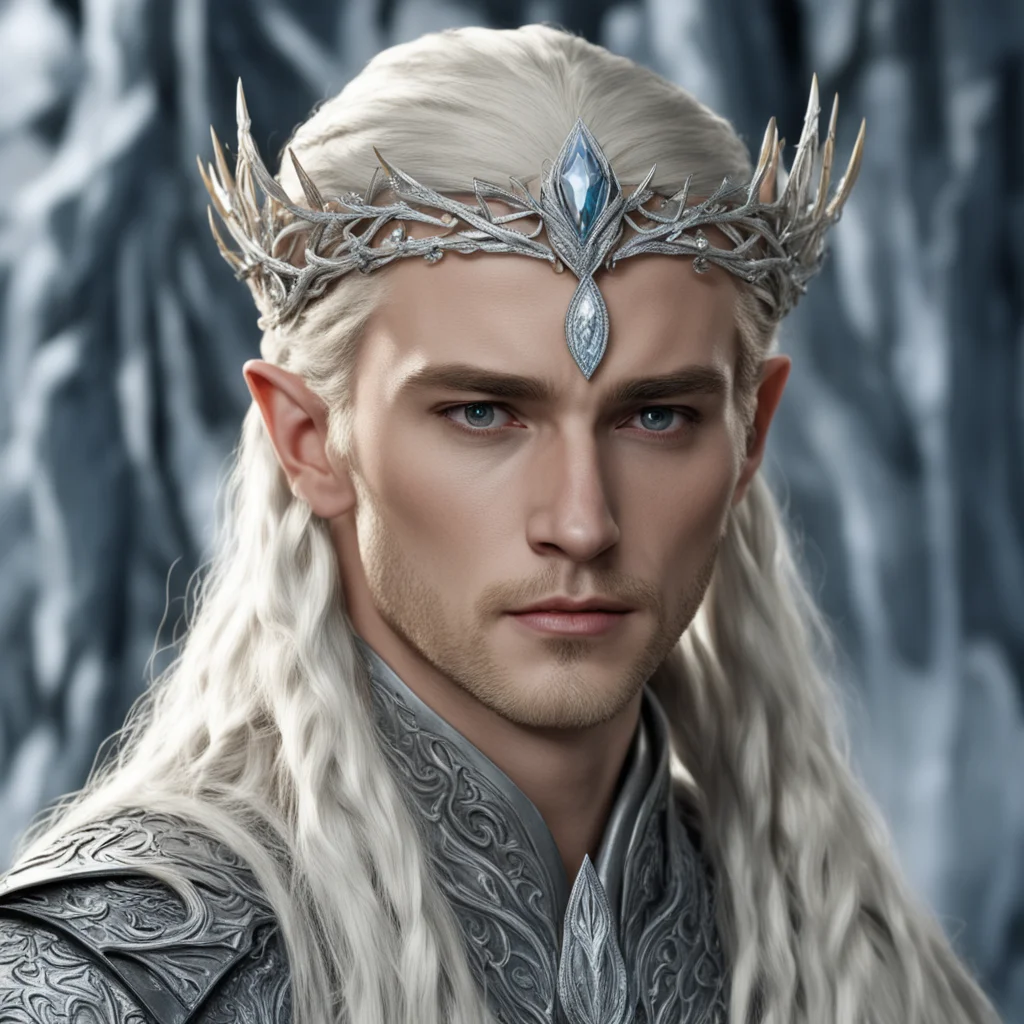 king thranduil with blond hair and braids with silver twigs encrusted with diamonds to form a silver sindarin elvish circlet with large center diamond  confident engaging wow artstation art 3
