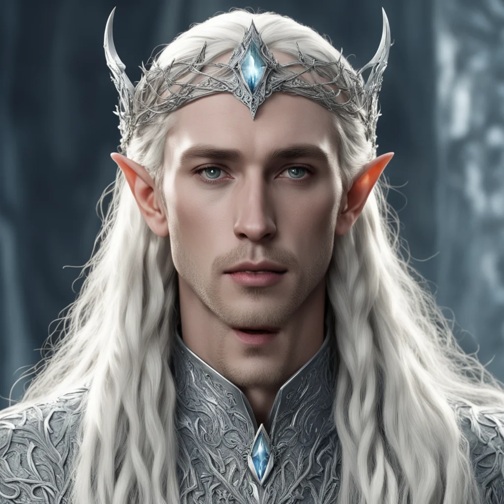 king thranduil with blond hair and braids with small silver leafy vines encrusted with diamonds to form a silver serpentine elvish circlet with large center diamond amazing awesome portrait 2