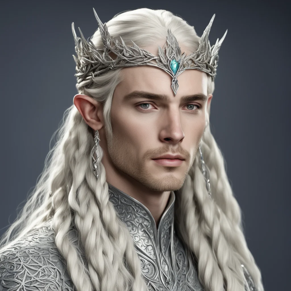 king thranduil with blond hair and braids with small silver leafy vines encrusted with diamonds to form a silver serpentine elvish circlet with large center diamond