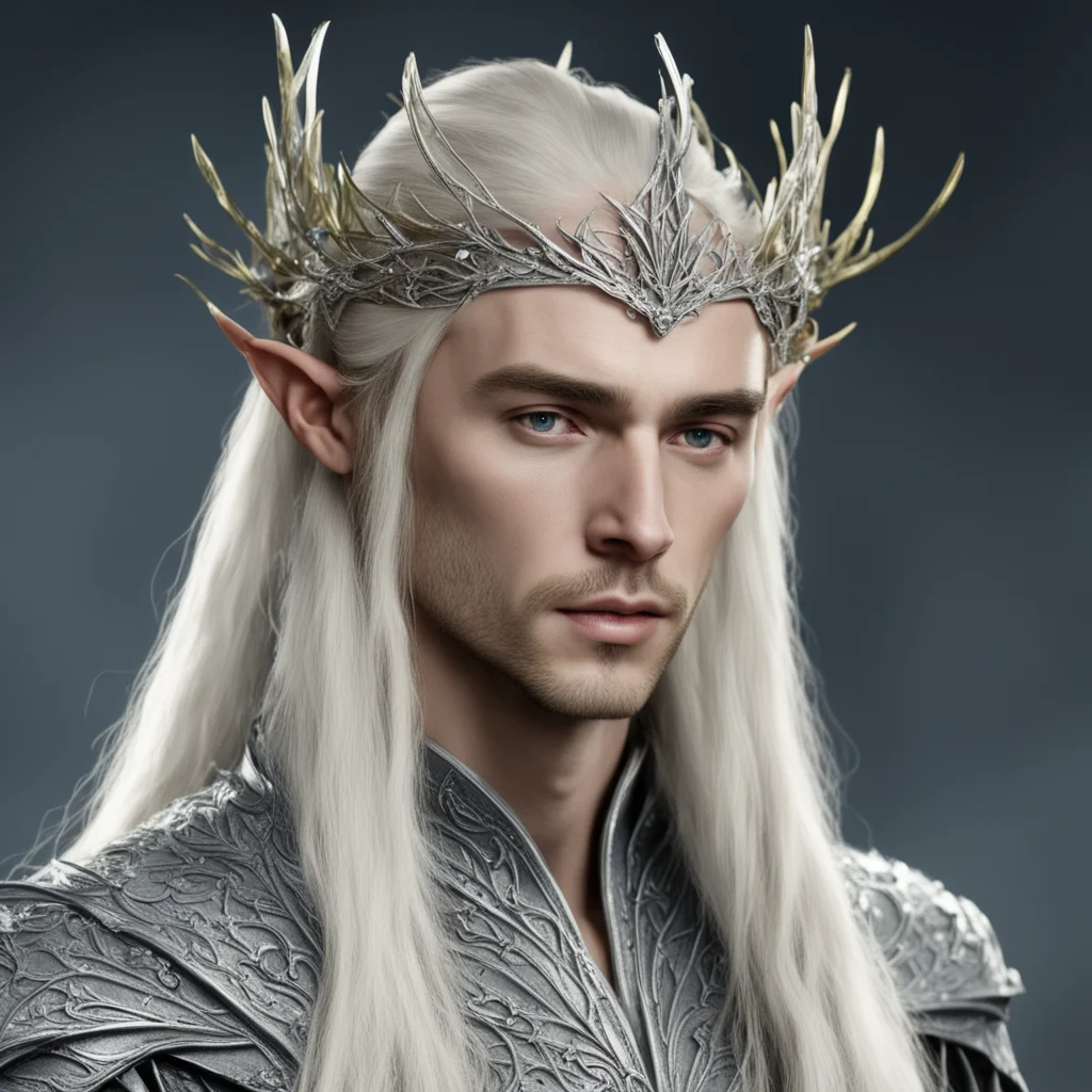 king thranduil with blond hair wearing a silver vine encrusted with diamonds to form a small slender elvish circlet with center diamond amazing awesome portrait 2