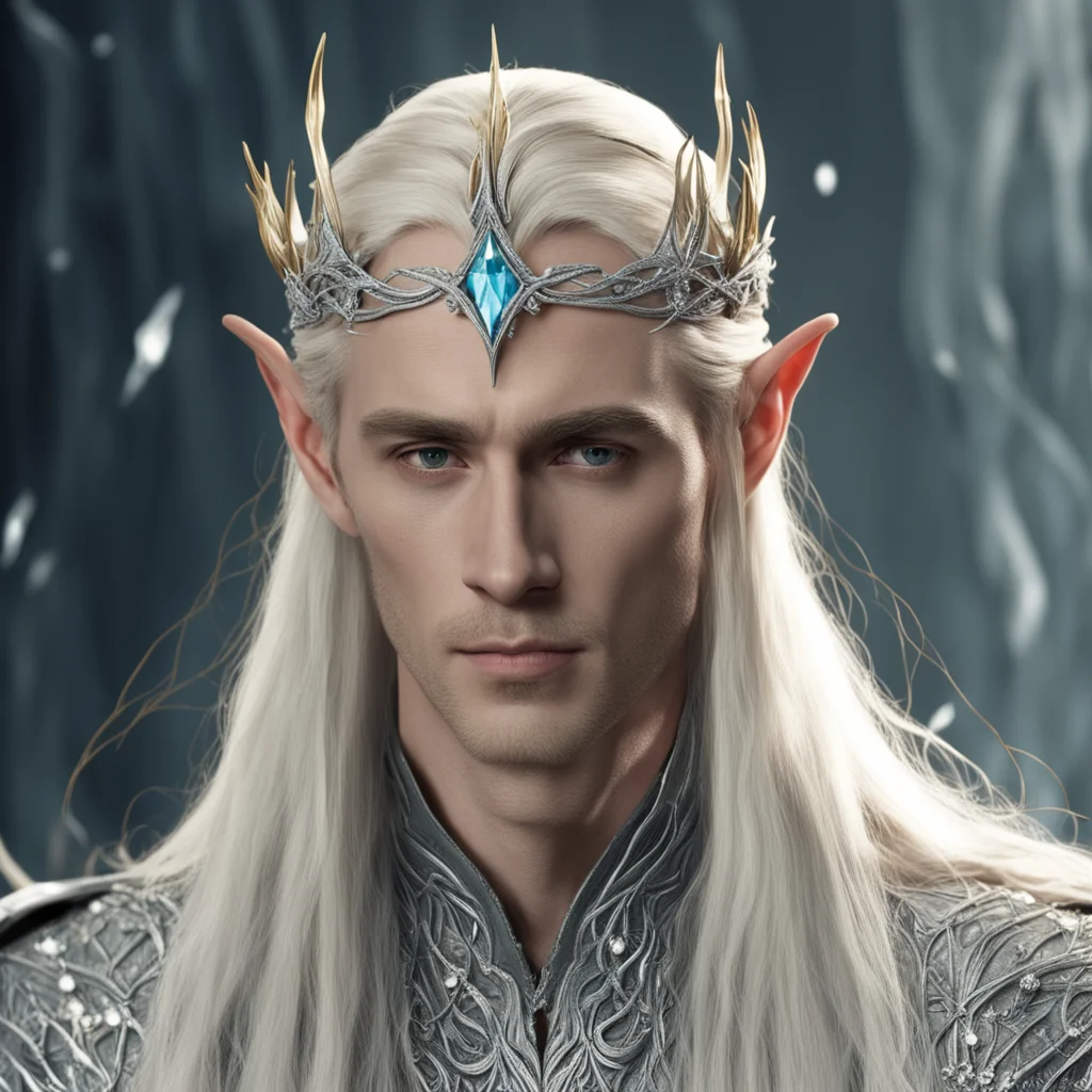 king thranduil with blond hair wearing a silver vine encrusted with diamonds to form a small slender elvish circlet with center diamond confident engaging wow artstation art 3