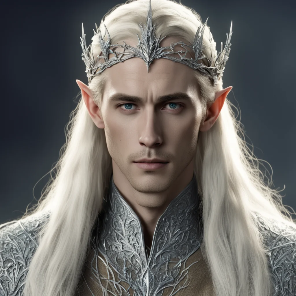 king thranduil with blond hair wearing a silver vine encrusted with diamonds to form a small slender elvish circlet with center diamond good looking trending fantastic 1