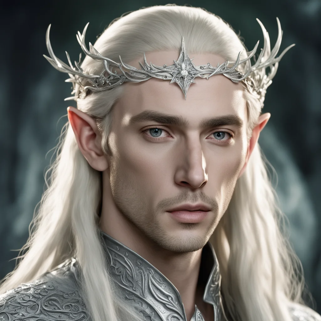 king thranduil with blond hair wearing a silver vine encrusted with diamonds to form a small slender elvish circlet with center diamond