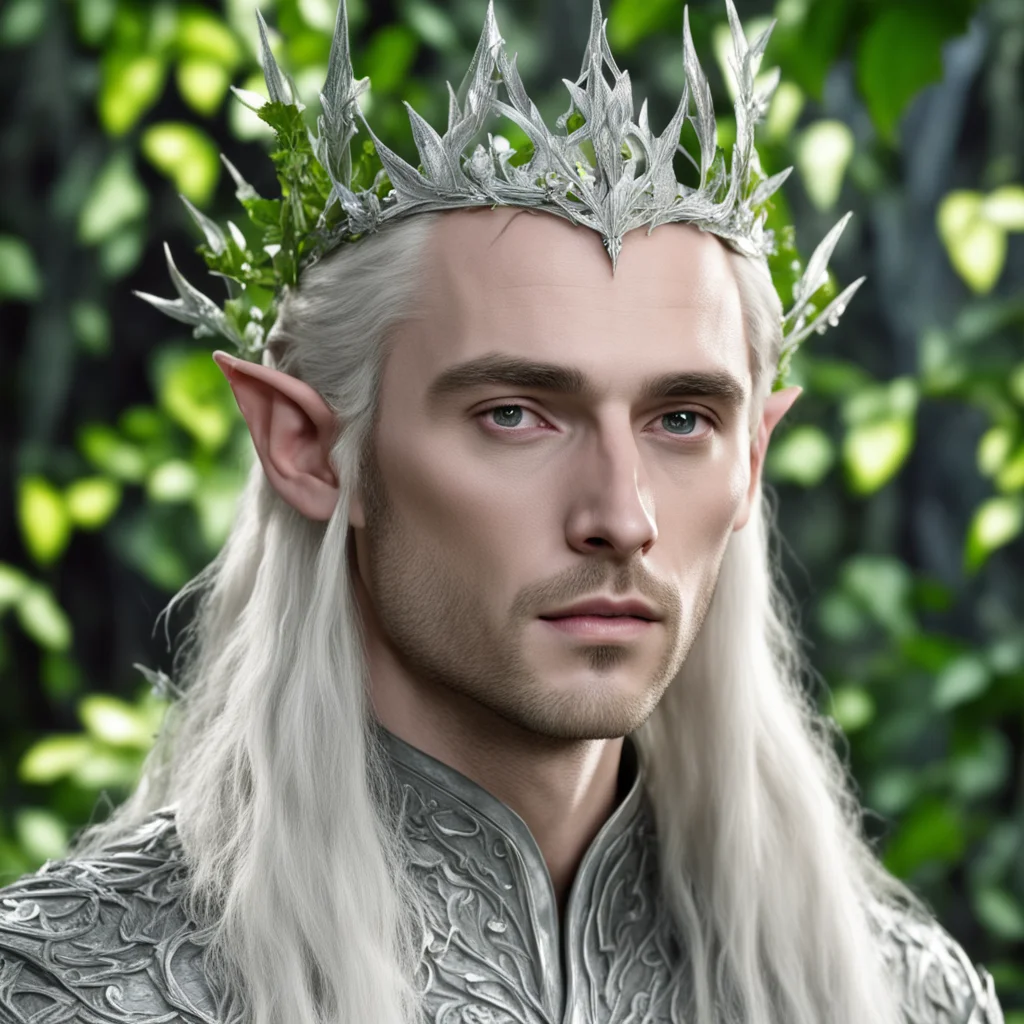 king thranduil with blond hair wearing ivy leaves made of pure silver into elvish circlet with diamonds confident engaging wow artstation art 3