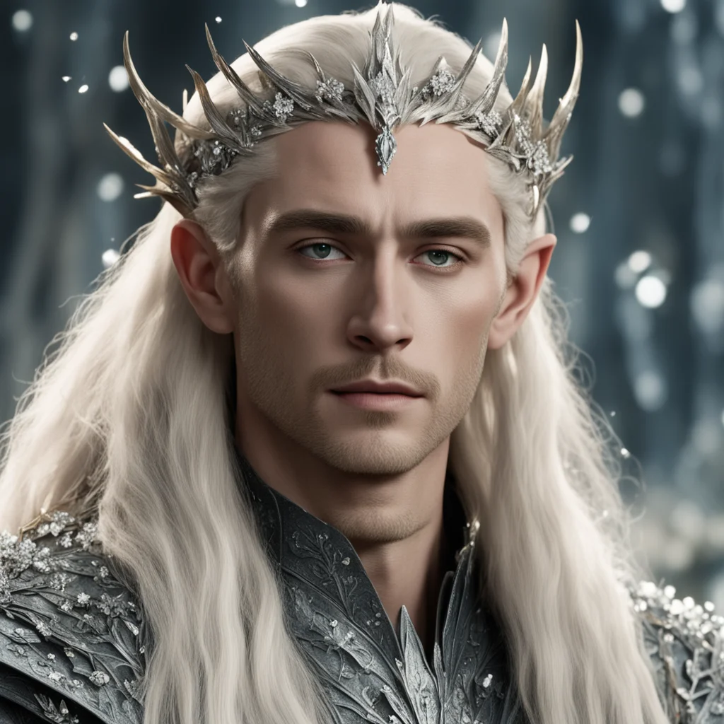 king thranduil with blond hair wearing silver laurel branches and large clusters of diamonds in the hair amazing awesome portrait 2