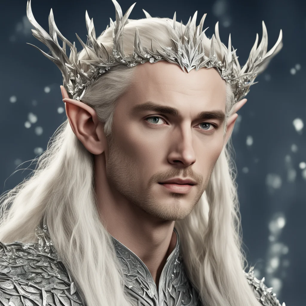 king thranduil with blond hair wearing silver laurel branches and large clusters of diamonds in the hair