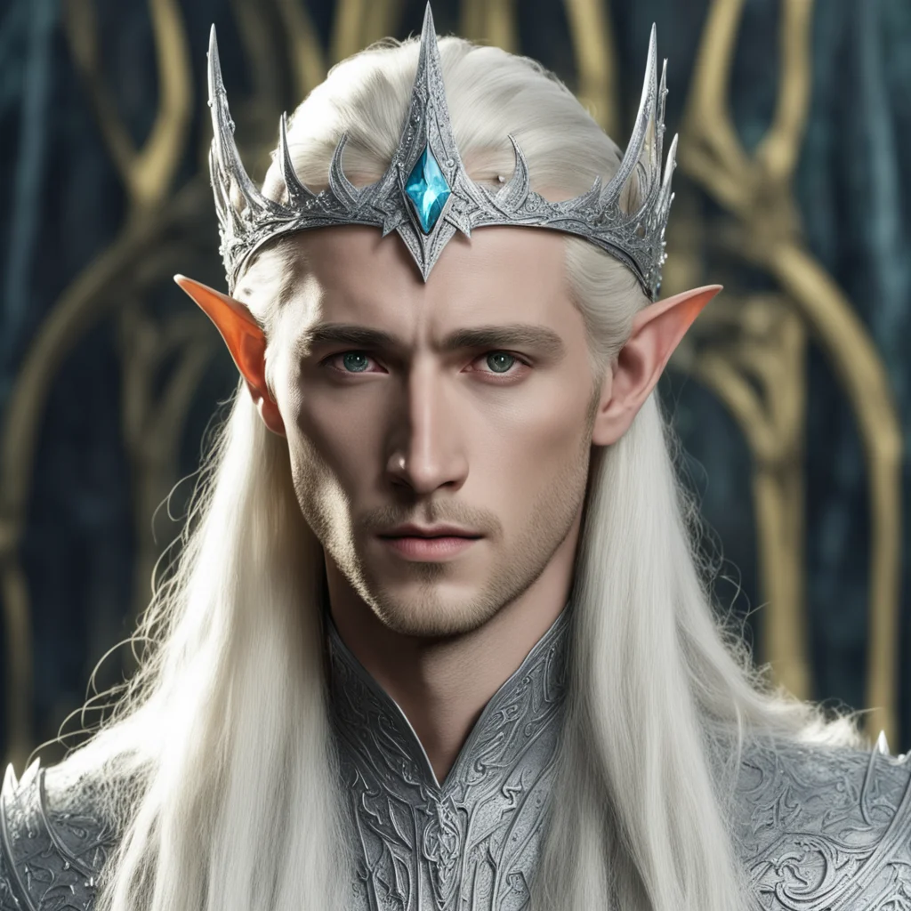 king thranduil with blond hair wearing silver wood elvish circlet encrusted with diamonds with large yellowish center diamond amazing awesome portrait 2