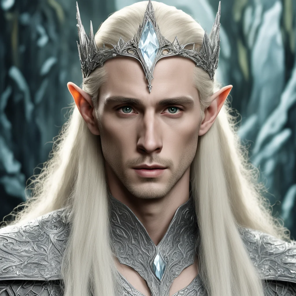 aiking thranduil with blond hair wearing silver wood elvish circlet encrusted with diamonds with large yellowish center diamond confident engaging wow artstation art 3