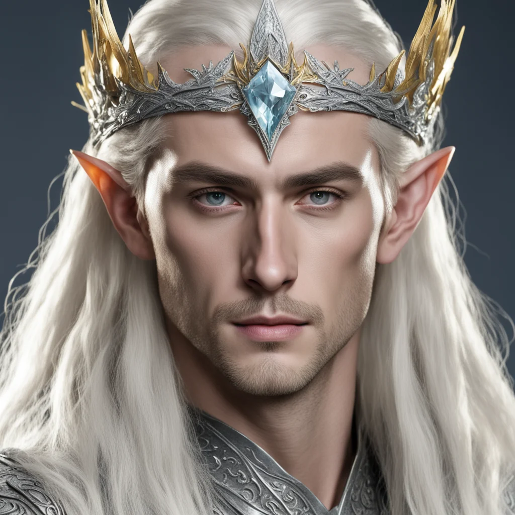 king thranduil with blond hair wearing silver wood elvish circlet encrusted with diamonds with large yellowish center diamond good looking trending fantastic 1