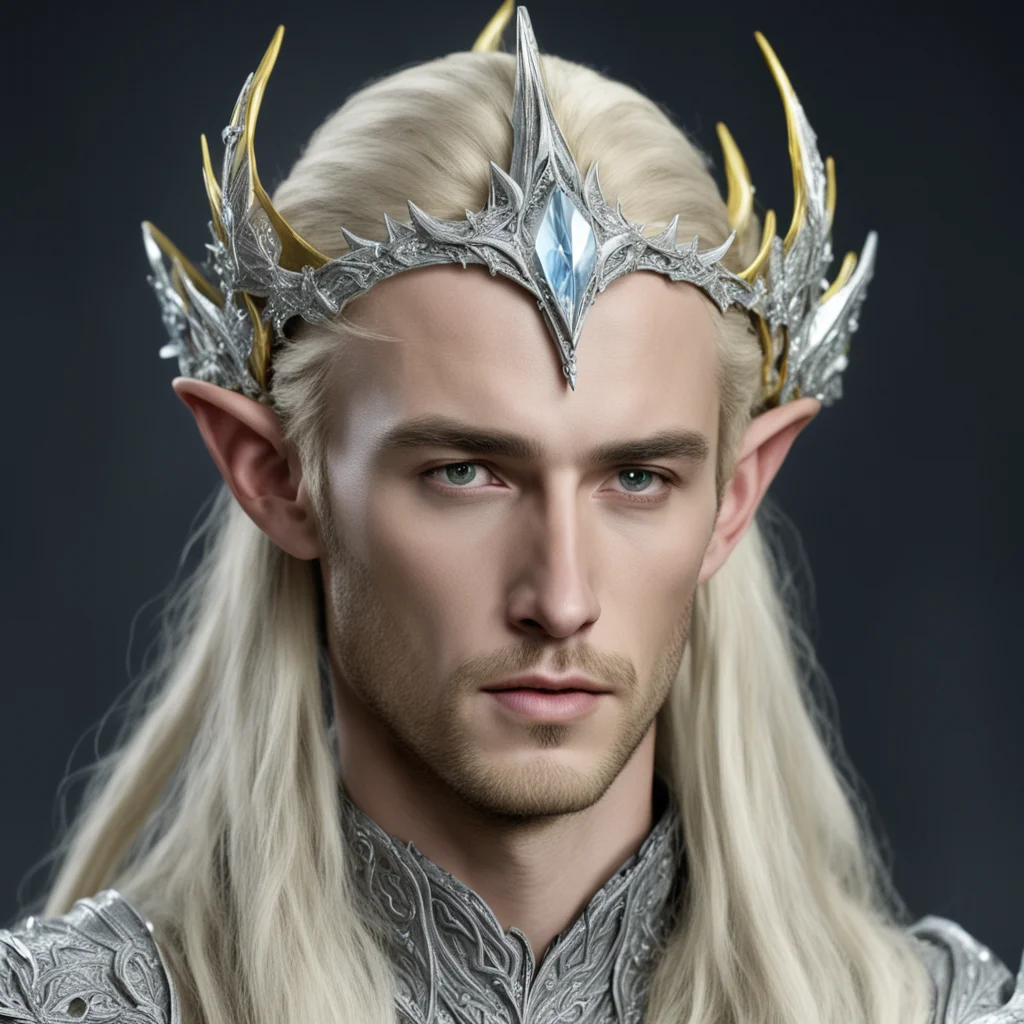 king thranduil with blond hair wearing silver wood elvish circlet encrusted with diamonds with large yellowish center diamond