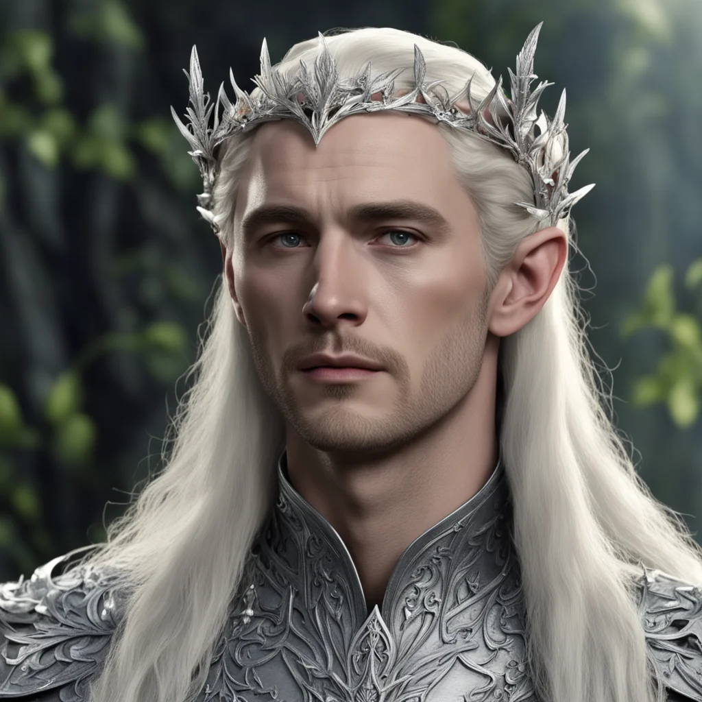 king thranduil with blond hair wearing small silver elvish coronet with silver oak leaf and large berries of diamonds  confident engaging wow artstation art 3