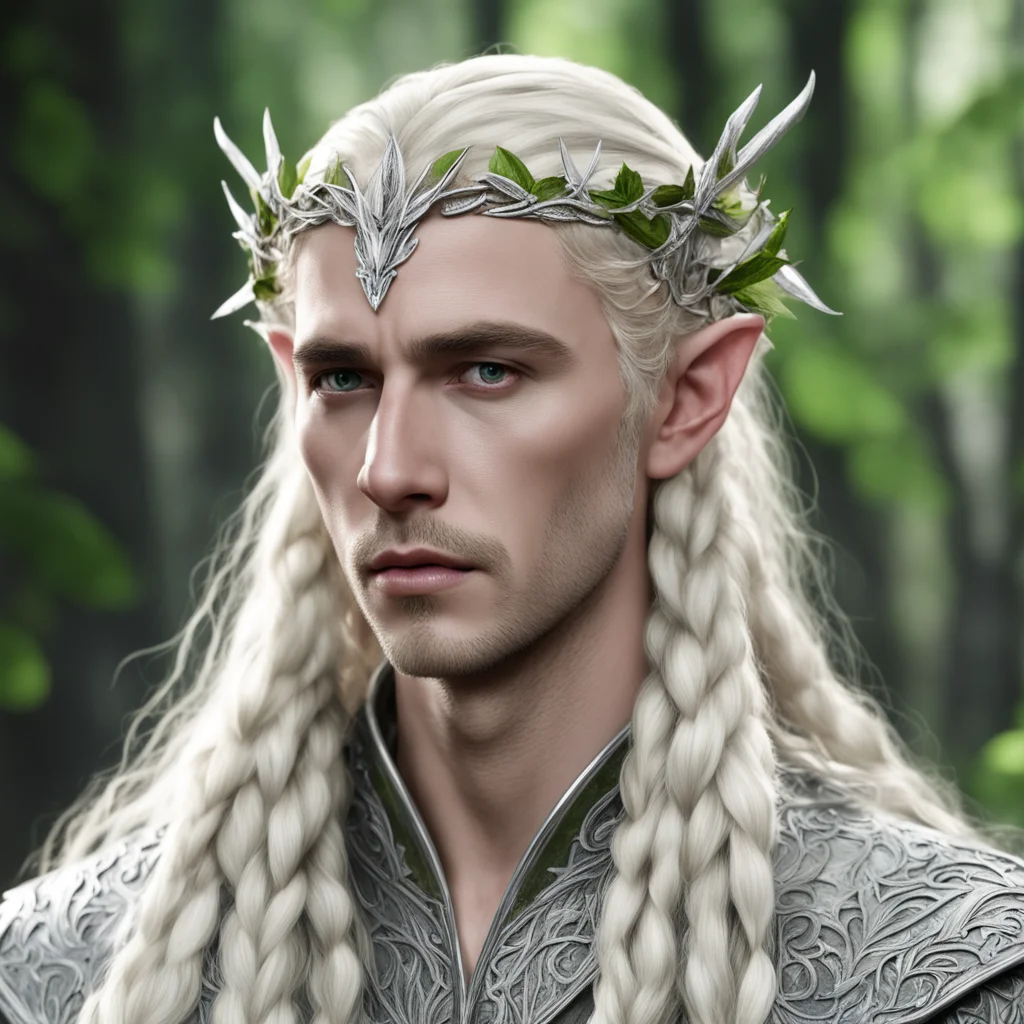 king thranduil with blond hair with braids wearing birch leaves made of silver elven circlet with diamonds confident engaging wow artstation art 3
