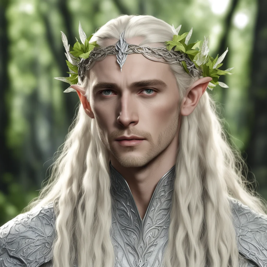 king thranduil with blond hair with braids wearing birch leaves made of silver elven circlet with diamonds good looking trending fantastic 1
