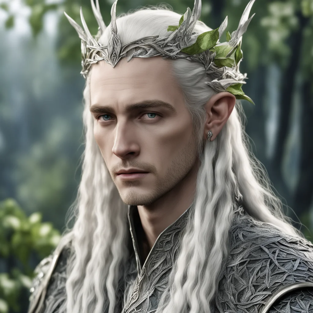 king thranduil with blond hair with braids wearing birch leaves made of silver with silver elvish circlet with diamonds amazing awesome portrait 2