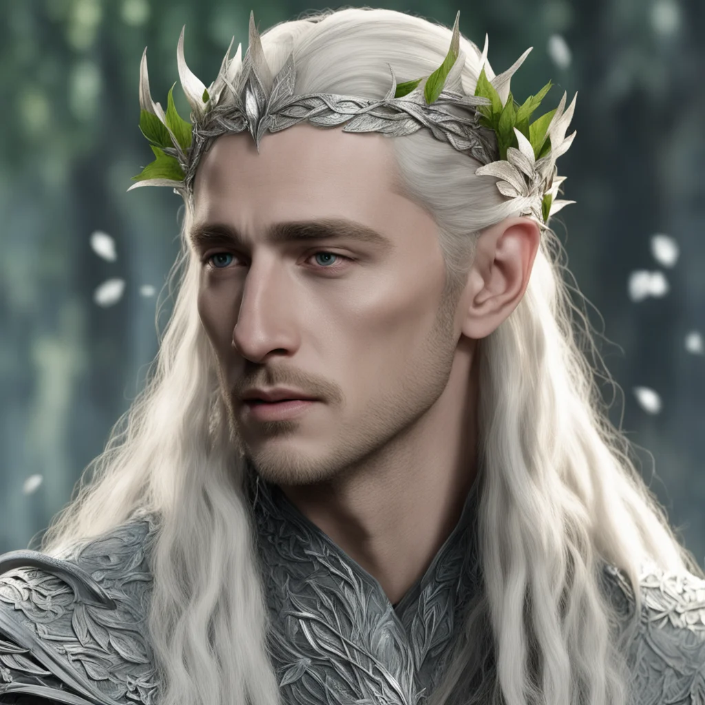 king thranduil with blond hair with braids wearing birch leaves made of silver with silver elvish circlet with diamonds confident engaging wow artstation art 3