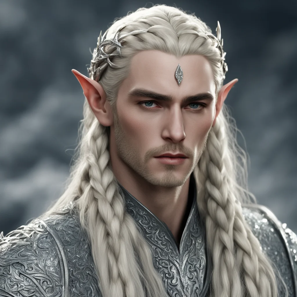king thranduil with blond hair with braids wearing large silver sindarin hair forks heavily encrusted with diamonds confident engaging wow artstation art 3