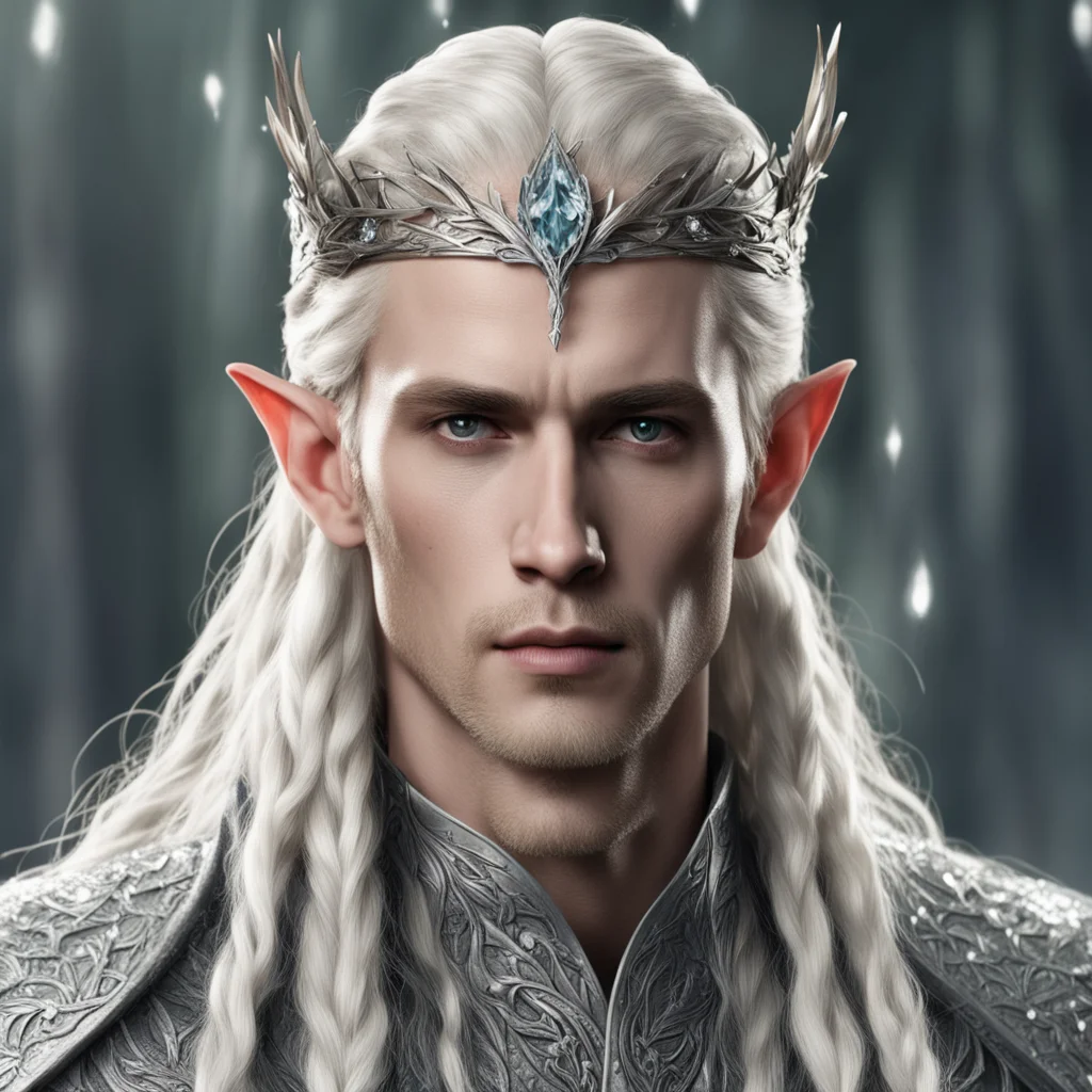 king thranduil with blond hair with braids wearing laurel leaf of silver with berry of diamond silver elvish circlet encrusted with diamonds confident engaging wow artstation art 3