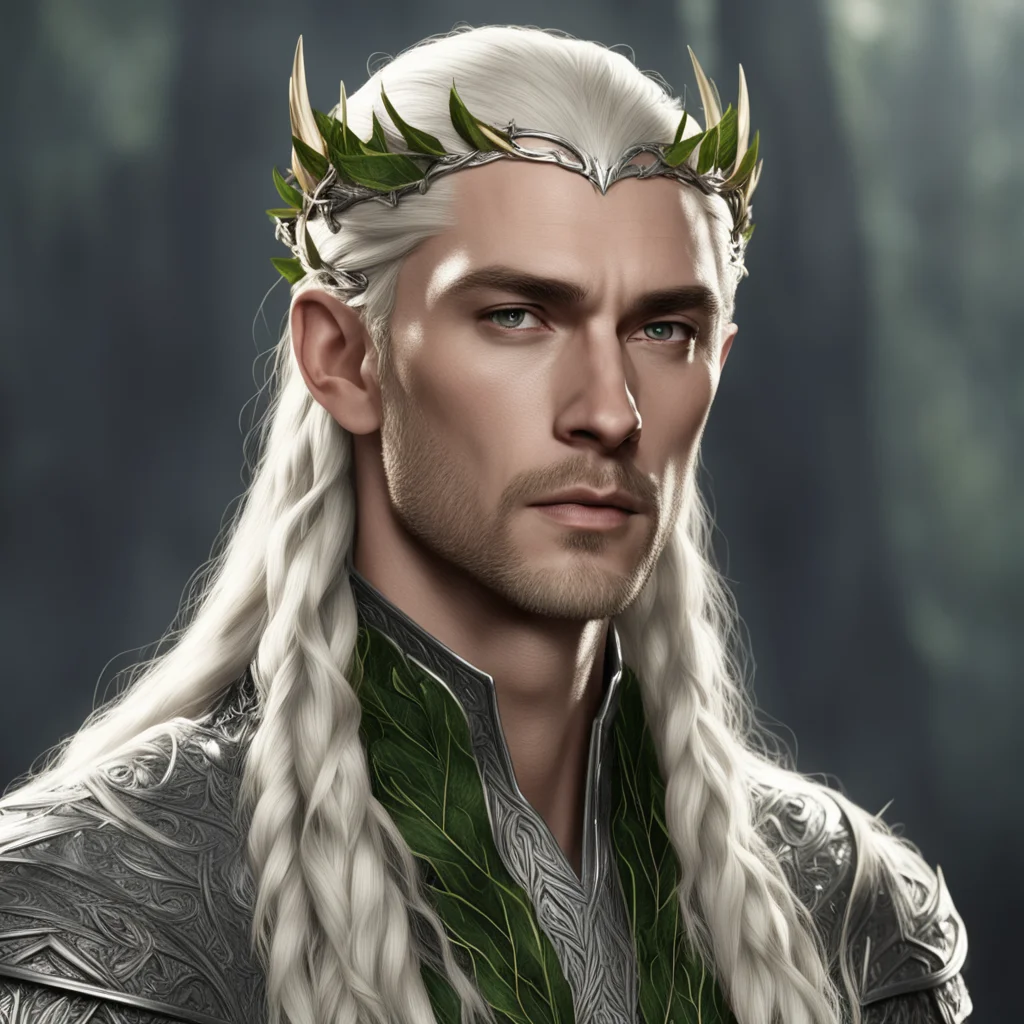 king thranduil with blond hair with braids wearing laurel leaves made of silver on the head good looking trending fantastic 1